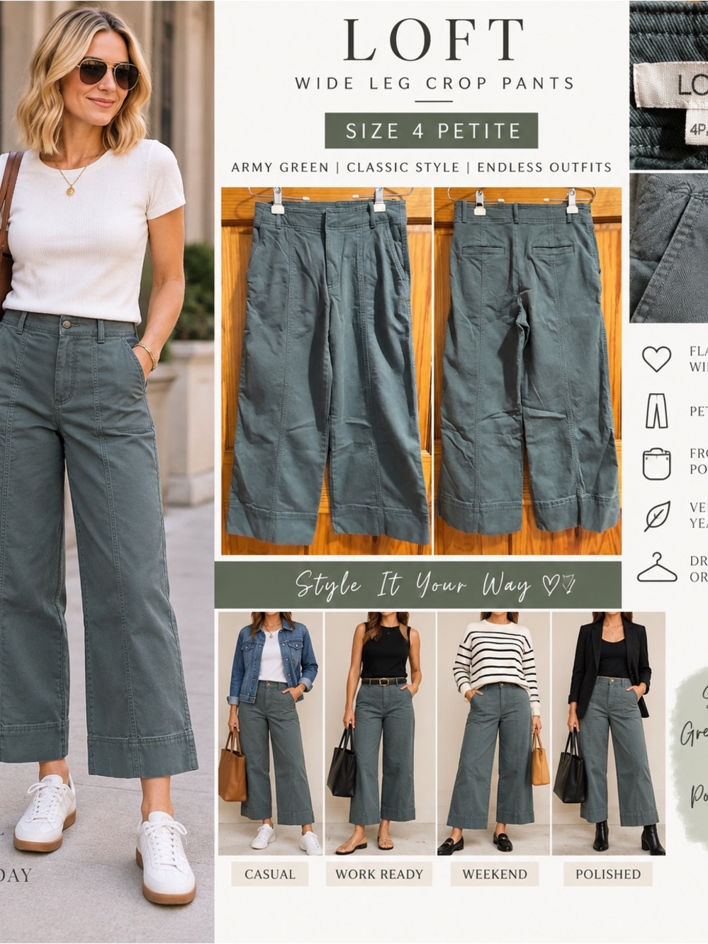 LOFT Army Green Wide-Leg Cropped Pants - Petite